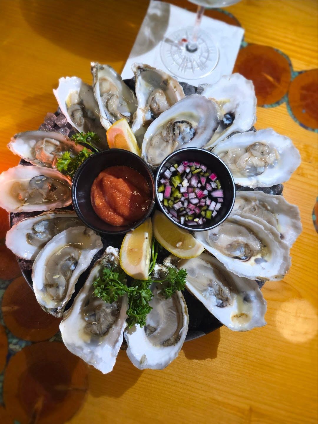 Oyster platter with cocktail sauce and mignonette at Borracho's